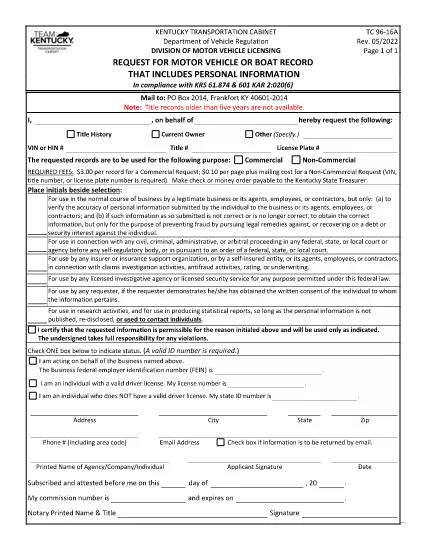 Form TC 96-16a Kentucky