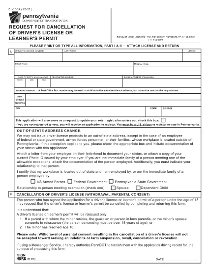 Form DL-100A Pennsylvania