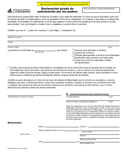 Autorização Parental Affidavit | Washington (em espanhol)