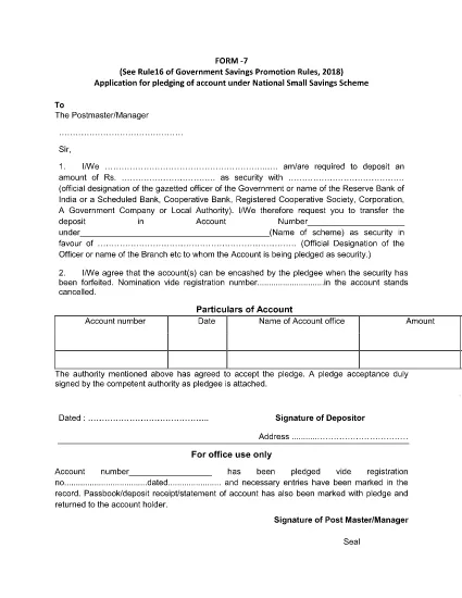 משרד הדואר ההודי - Saving Bank Application for Pledging of Form
