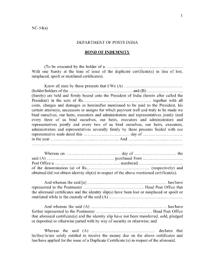 Indian Department of Posts - Bond Of Indemnity