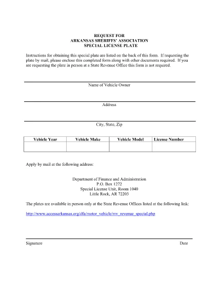 Formulaire de plaque d'immatriculation spéciale de l'Association des shérifs d'Arkansas