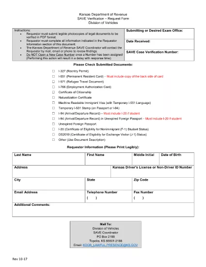 SAVE Verification Request Form och Instruktioner i Kansas