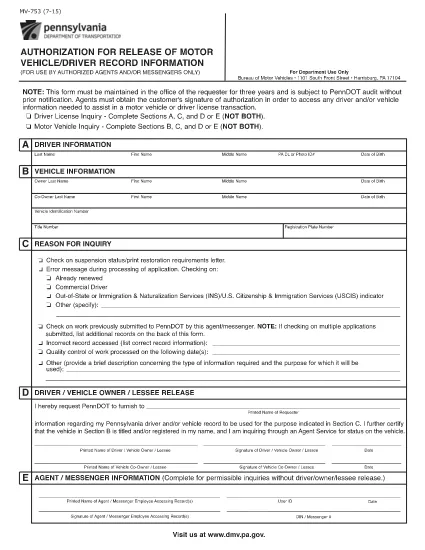 Form MV-753 Pennsylvania