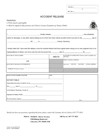 Accident Release Form | Wyoming