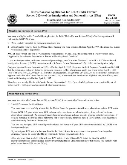 फॉर्म I-191 के लिए निर्देश, आप्रवासन और राष्ट्रीयता अधिनियम (INA) की पूर्व धारा 212(c) के तहत राहत के लिए आवेदन