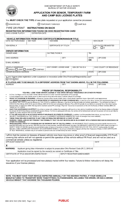 Formulário BMV 4816 Ohio