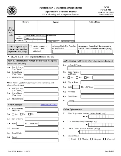 Formulário I-918, Petição para U Nonimmigrant Status