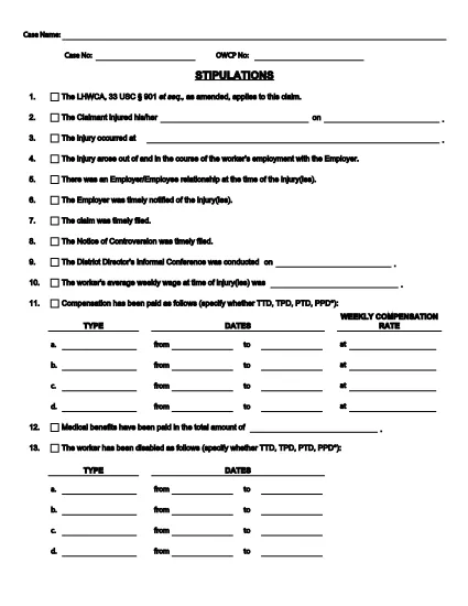 LHWCA uniforme Stipulations Form