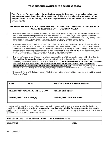 MV-141 ülemineku omandiõiguse dokument | Wyoming