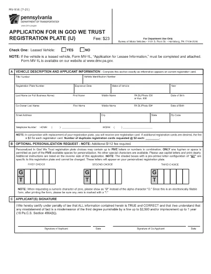 Formulário MV-916 Pensilvânia