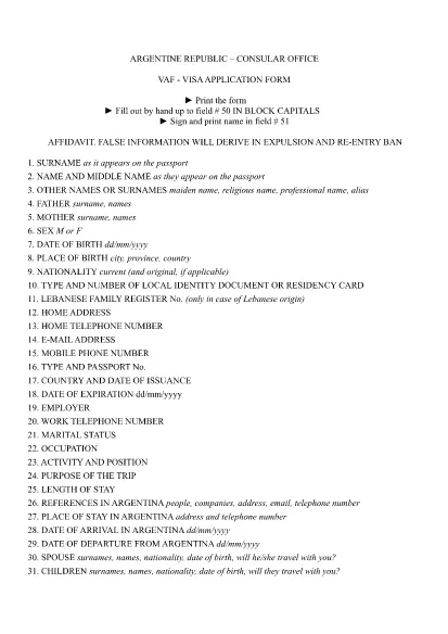 VAF - Visa Application Form Instructions