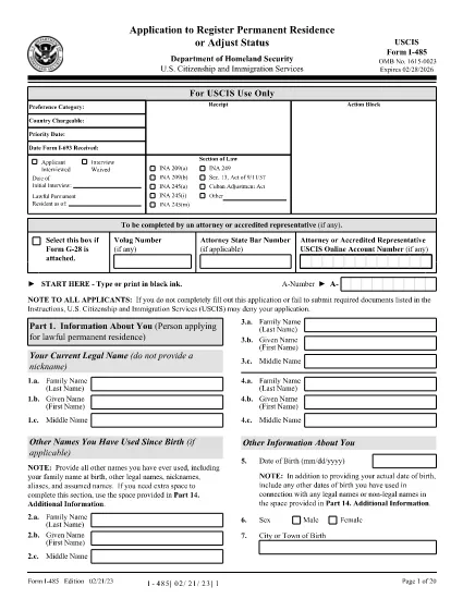 Formulário I-485, Aplicação para Registar Residência Permanente