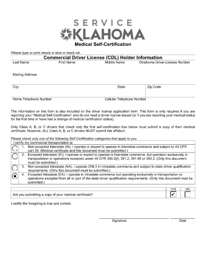CDL Medical Self-Certifikát Prohlášení Formulář Oklahoma