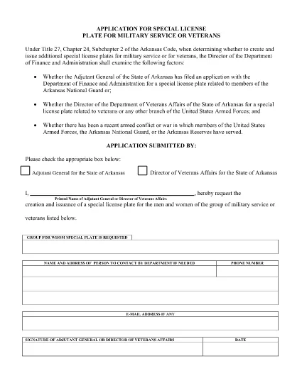 Application for Development for Special License Plate for Veterans in Arkansas