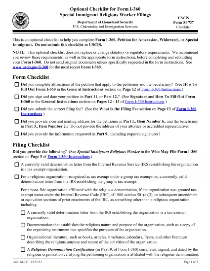 Form M-737, Optional Checklist for Form I-360  Special Immigrant Religious Worker Filings