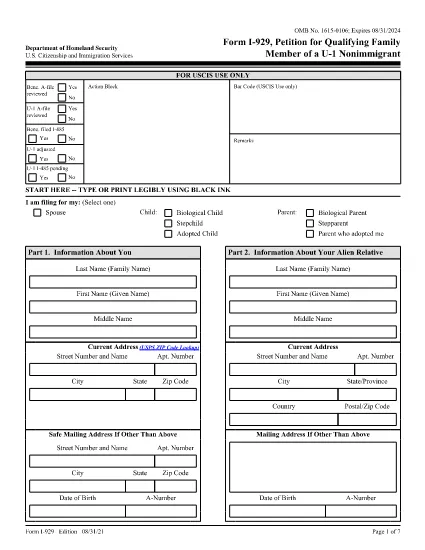 Form I-929, Petition for Qualifying Family  Member of a U-1 Nonimmigrant