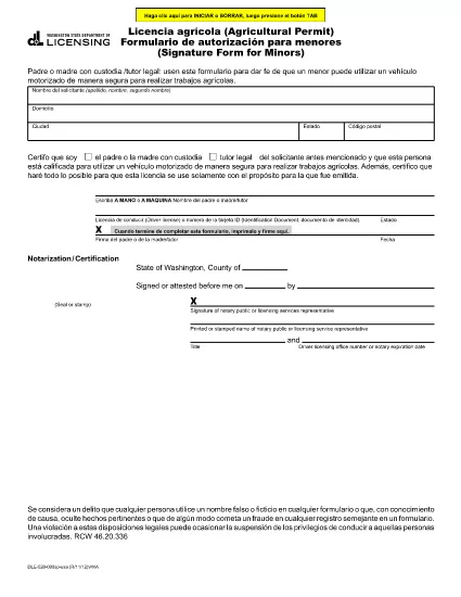 Poľnohospodárske permit podpisový formulár pre Minors ÷ Washington (Spanish)