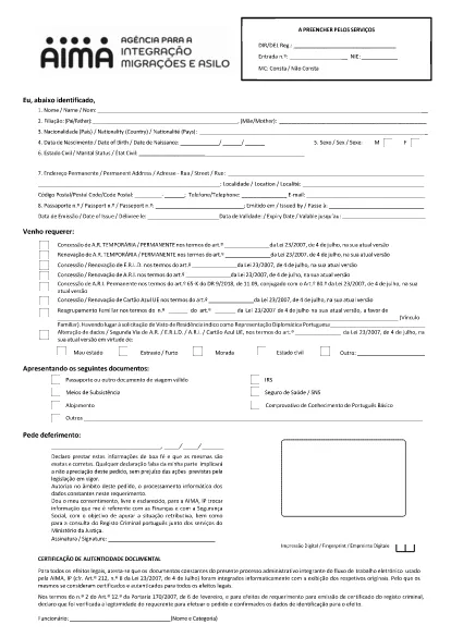 Portugal Residence Permit Application (Portuguese)