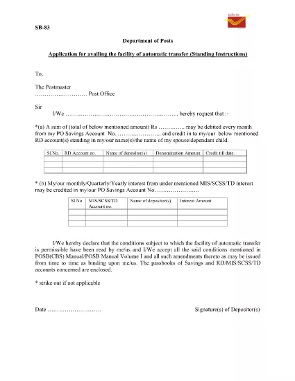 Indian Department of Posts - Saving Bank Application for automatic transfer from SB to RD
