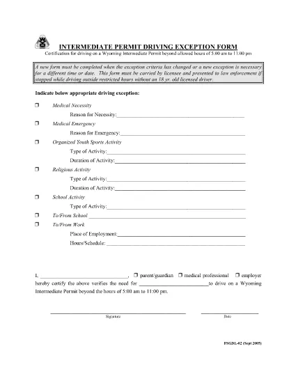 Intermediate Permit Driving Exception Form| Wyoming