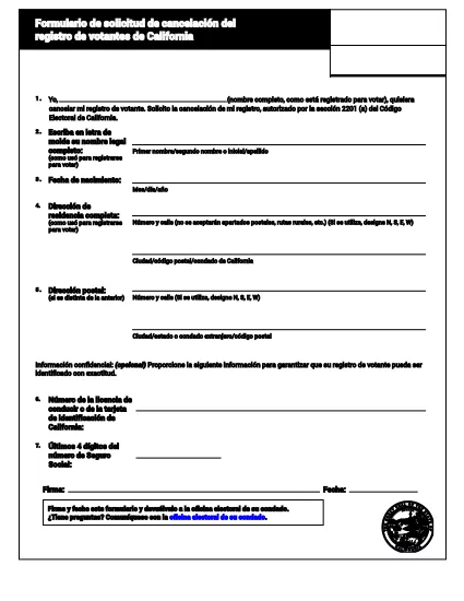 Kaliforniai Voter Registration Request Form (spanyol)