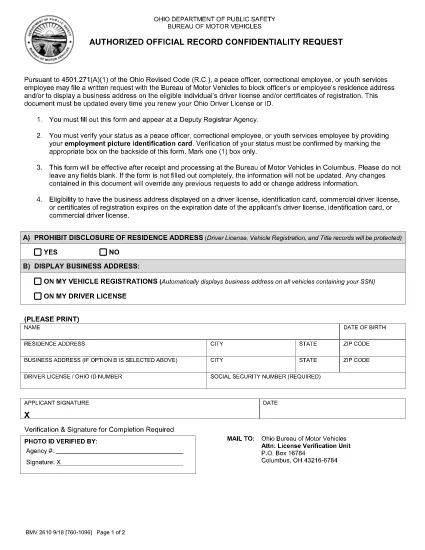 BMV Form 2610 Ohio