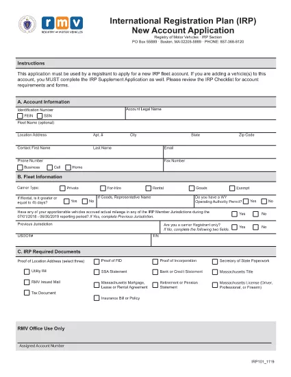 Form IRP101 Massachusetts