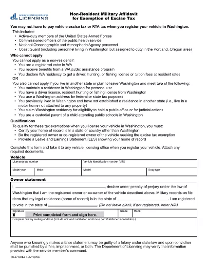 Affidavit Militer Non-residen Affidavit untuk Exemption of Excise Tax © Washington
