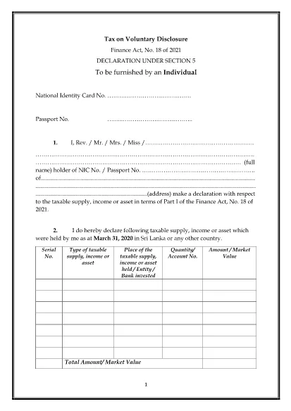Sri Lanka Tax on Voluntary Disclosure Form - Individual