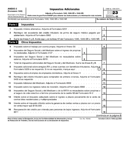 Formulaire 1040 Annexe 2 (version espagnole)