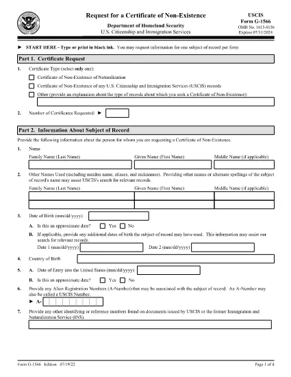 Form G-1566, Request for a Certificate of Non-Existence