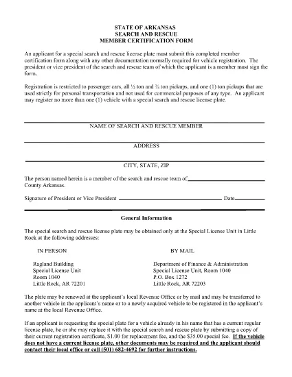 Søg og Rescue Member Certification Form i Arkansas