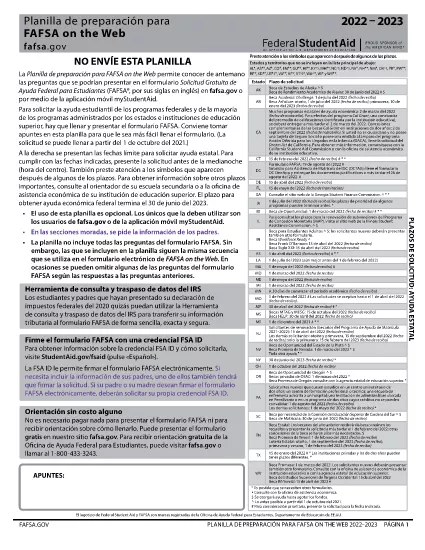 FAFSA Worksheet 2022-23 (em espanhol)