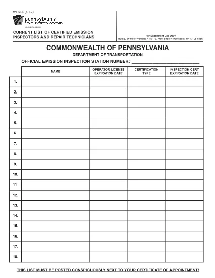 Form MV-516 Pennsylvania