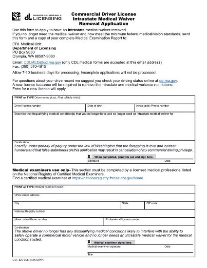 Licença de Driver Comercial Intrastate Medical Waiver Removal Application | Washington