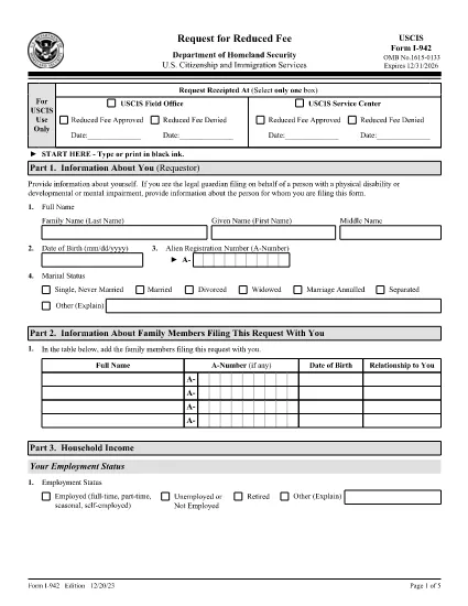 Form I-942, Request for Reduced Fee