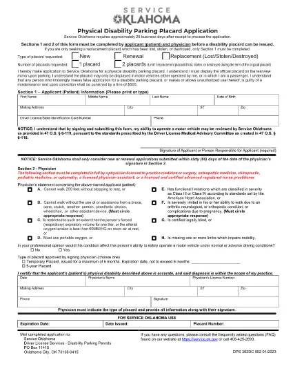 In Person Physical Disability Placard Application Oklahoma