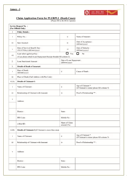 Indian Department of Posts - Claim Application Form for PLI/RPLI (Death Cases)