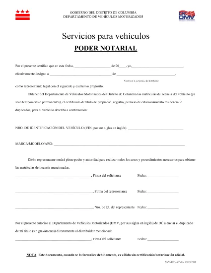 Formulaire DMV-VSPA-01 District de Columbia (espagnol Español)