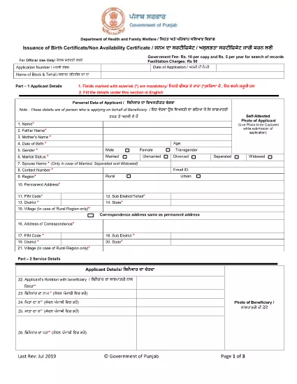 Punjab Dipartimento di Salute e Famiglia Welfare - Emissione di copia della nascita / Certificato di non disponibilità