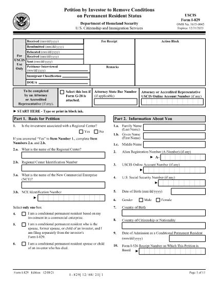 Form I-829, Petition by Investor to Remove Conditions on Permanent Resident Status