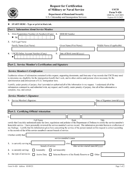Formulár N-426, Žiadosť o certifikáciu Vojenskej alebo námornej služby