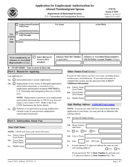 Formulário I-765V, Aplicação para Autorização do Emprego para o abuso de cônjuges nonimmigrantes