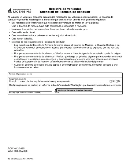 Registrace vozidla Řidič Licence Exemption Washington (Španělsky)