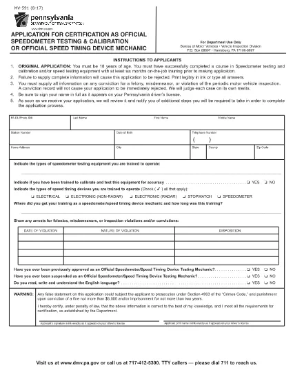 Form MV-591 Pennsylvania