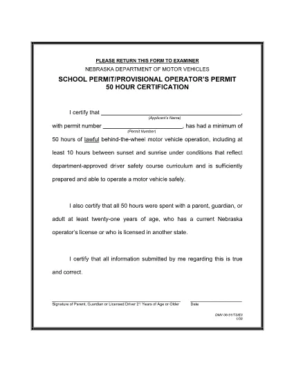 Permis scolaire (SCP) / Permis d'opérateur provisoire (POP) - Certification de 50 heures au Nebraska