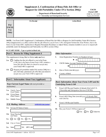 Form I-485 Supplement J, Confirmation of Bona Fide Job Offer or Request for Job Portability Under INA Section 204(j)