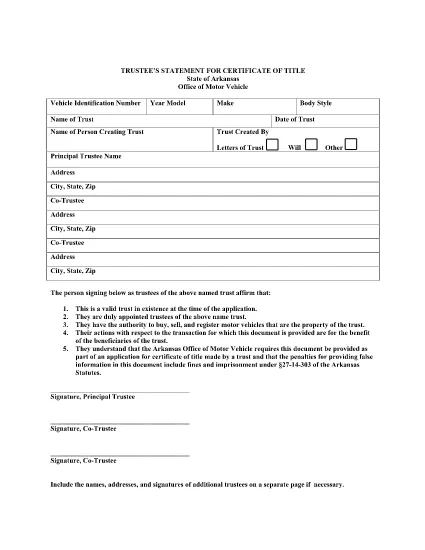 Declaración de fideicomiso para Certificado de Título en Arkansas