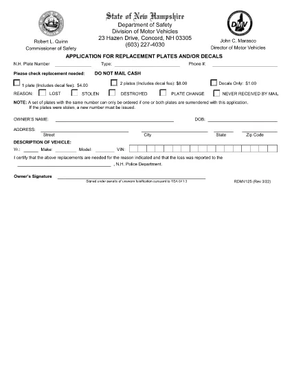 Form RDMV125 New Hampshire